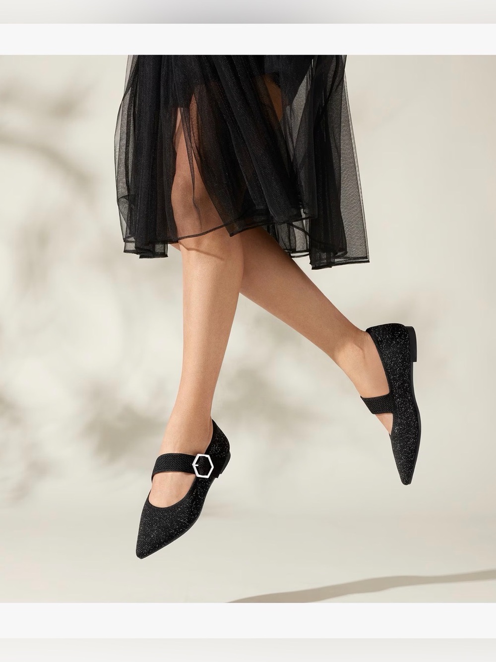 Black Glitter Pointed Mary Jane Flats with Buckle Strap